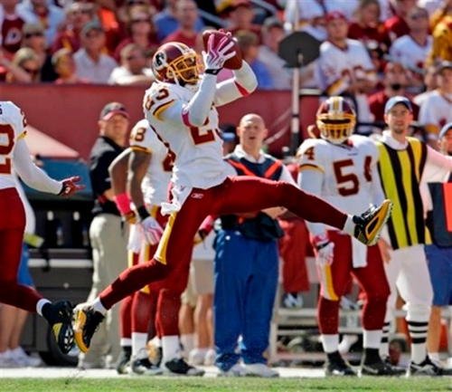 DeAngelo Hall intercepts a 3rd quarter pass against the Bucs that turns the tide for the Redskins on Oct. 4, 2009